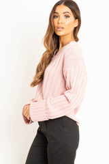 Pink Wide Rib V Neck Jumper - Alinah-Jumper
