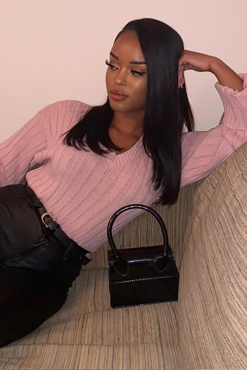 Pink Wide Rib V Neck Jumper - Alinah-Jumper