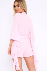 Pink Wrap Front Flare Sleeve Playsuit - Emoni-Playsuits