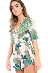 Pink Wrap Palm Leaf Playsuit - Orlena-Playsuits