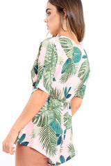 Pink Wrap Palm Leaf Playsuit - Orlena-Playsuits