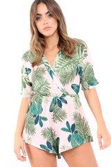 Pink Wrap Palm Leaf Playsuit - Orlena-Playsuits