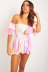 Pink Yellow Tie Dye Frill Detail Cut Out Playsuit - Jaira-Playsuits