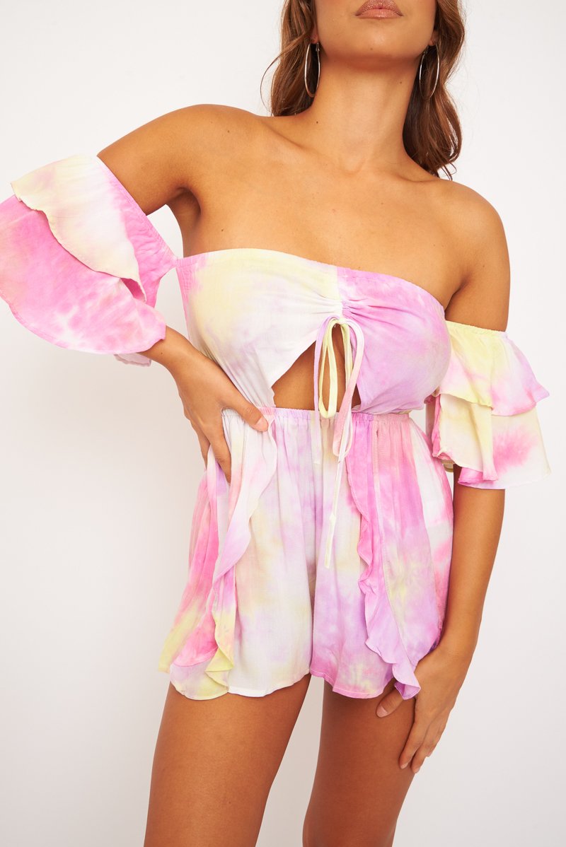 Pink Yellow Tie Dye Frill Detail Cut Out Playsuit - Jaira-Playsuits