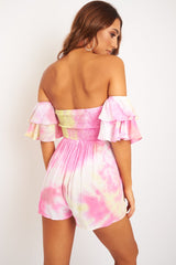 Pink Yellow Tie Dye Frill Detail Cut Out Playsuit - Jaira-Playsuits