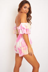Pink Yellow Tie Dye Frill Detail Cut Out Playsuit - Jaira-Playsuits