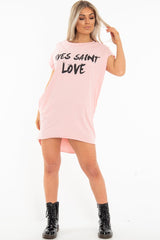 Pink Yves Saint Love Printed Slogan T-Shirt Dress - Jamey-Dresses