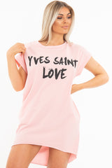 Pink Yves Saint Love Printed Slogan T-Shirt Dress - Jamey-Dresses