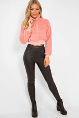 Pink Zip Front Faux Fur Crop Jacket - Perri-Jackets