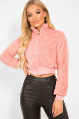 Pink Zip Front Faux Fur Crop Jacket - Perri-Jackets