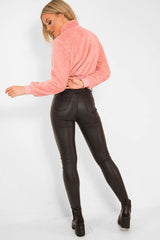 Pink Zip Front Faux Fur Crop Jacket - Perri-Jackets