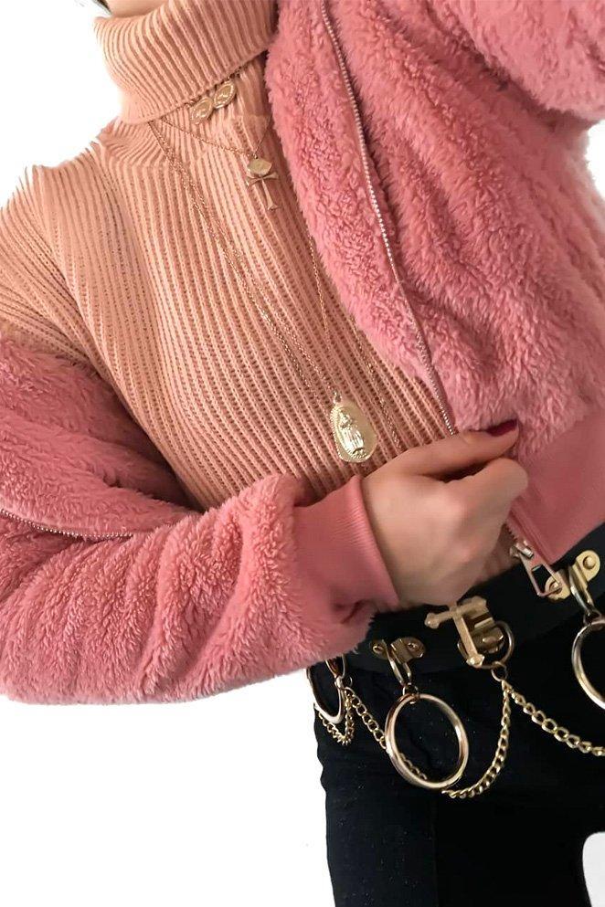 Pink Zip Front Faux Fur Crop Jacket - Perri-Jackets