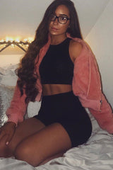 Pink Zip Front Faux Fur Crop Jacket - Perri-Jackets