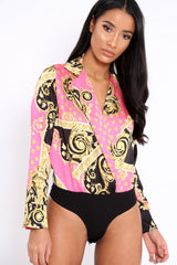 Pink and Gold Scarf Print Satin Plunge Bodysuit - Moniqua-Bodysuits
