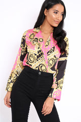 Pink and Gold Scarf Print Satin Plunge Bodysuit - Moniqua-Bodysuits