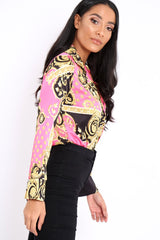 Pink and Gold Scarf Print Satin Plunge Bodysuit - Moniqua-Bodysuits