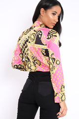 Pink and Gold Scarf Print Satin Plunge Bodysuit - Moniqua-Bodysuits