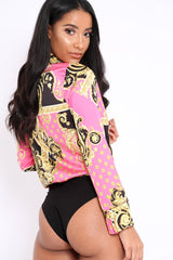 Pink and Gold Scarf Print Satin Plunge Bodysuit - Moniqua-Bodysuits
