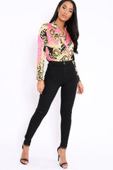Pink and Gold Scarf Print Satin Plunge Bodysuit - Moniqua-Bodysuits