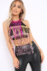Pink and Gold Tassel Sequin Halter Neck Crop Top - Marni-Crop Tops