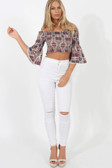Pink and Nude Aztec Bardot Crop Top - Ela-Crop Tops