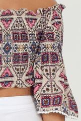 Pink and Nude Aztec Bardot Crop Top - Ela-Crop Tops