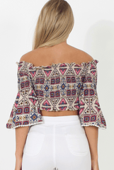 Pink and Nude Aztec Bardot Crop Top - Ela-Crop Tops