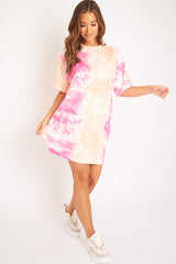 Pink and Peach Cloudy Tie Dye Tshirt Dress - Clara-Dresses