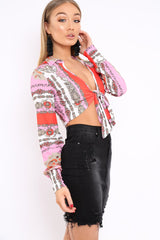 Pink and Red Slinky Tie Front Plunge Crop Top - Catie-Tops
