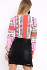 Pink and Red Slinky Tie Front Plunge Crop Top - Catie-Tops