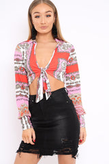 Pink and Red Slinky Tie Front Plunge Crop Top - Catie-Tops