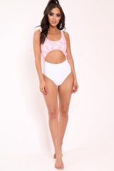 Pink and White Palm Leaf Print Cut Out Middle Swimsuit - Jasani-Swimsuits