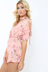 Pink floral cut out choker playsuit - Clarissa-Playsuits