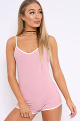 Pink with Contrast Trim Ribbed Playsuit - Raina-Playsuits