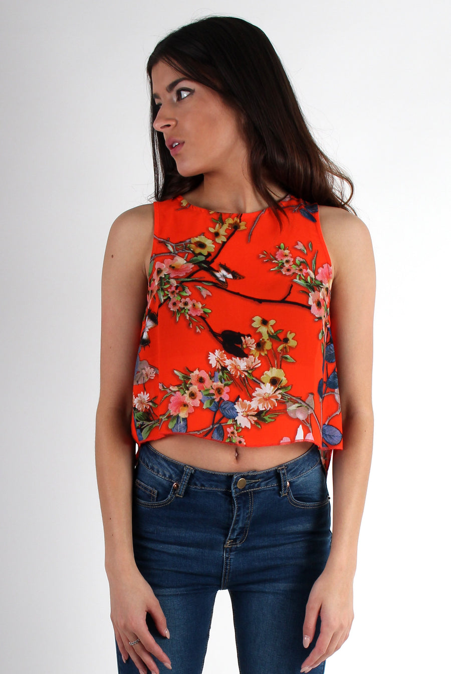Piper Orange Floral Split Back Crop-Crop Tops