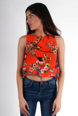 Piper Orange Floral Split Back Crop-Crop Tops