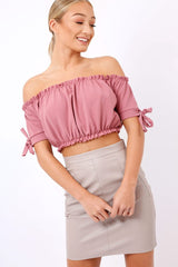 Plum Ruched Bardot Gypsy Crop Top - Janette-Crop Tops