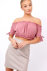 Plum Ruched Bardot Gypsy Crop Top - Janette-Crop Tops