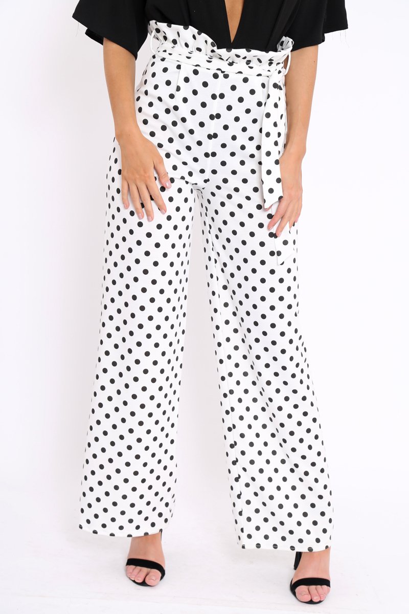 Polka Dot Paper Bag Tie Waist Wide Leg Trousers - Kennedy-Trousers