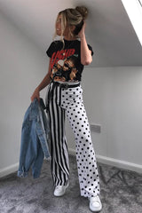 Polka Dot and Stripe Mix Print Trousers - Odelia-Trousers