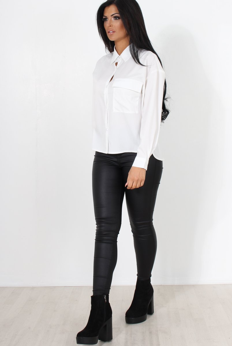 Poppie White Long Sleeve Cropped Shirt-Crop Tops