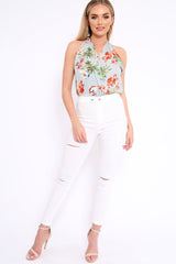Powder Blue Floral Halterneck Bodysuit - Clary-Bodysuits