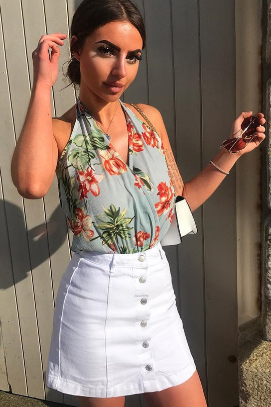 Powder Blue Floral Halterneck Bodysuit - Clary
