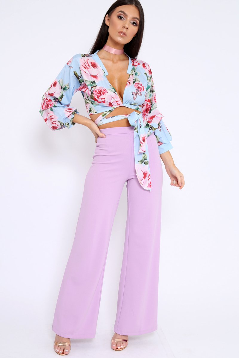 Powder Blue Floral Plunge Wrap Tie Top - Emila-Tops