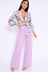 Powder Blue Floral Plunge Wrap Tie Top - Emila-Tops