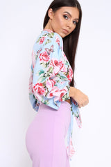 Powder Blue Floral Plunge Wrap Tie Top - Emila-Tops