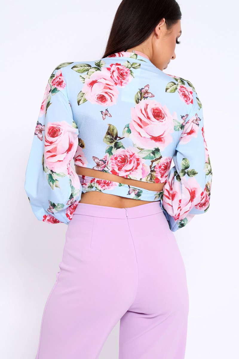 Powder Blue Floral Plunge Wrap Tie Top - Emila-Tops
