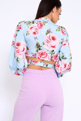 Powder Blue Floral Plunge Wrap Tie Top - Emila-Tops