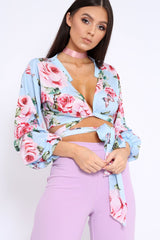 Powder Blue Floral Plunge Wrap Tie Top - Emila-Tops