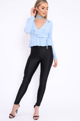 Powder Blue Plunge Frill Wrap Tie Front Top - Rebecca-Tops